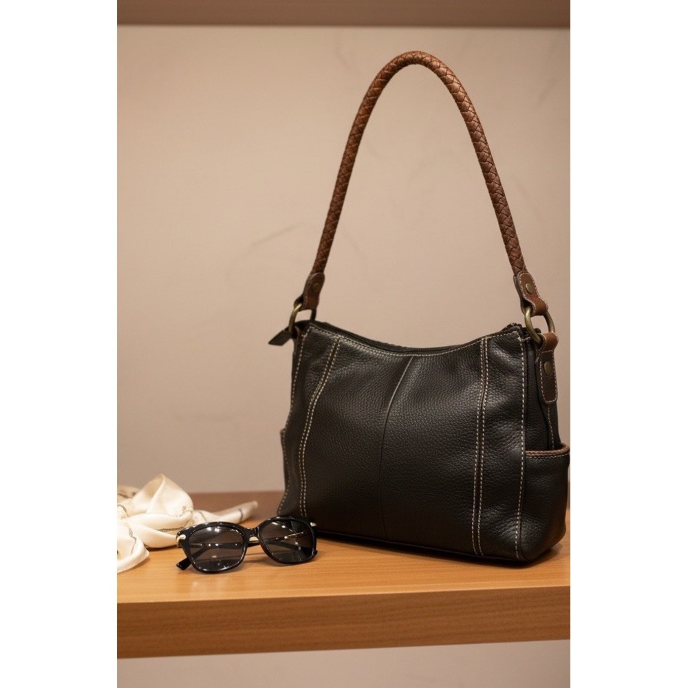 Vintage Fossil Black Brown Pebble Leather Satchel Handbag